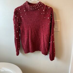 Elegant Red Pearl-Embellished Sweater